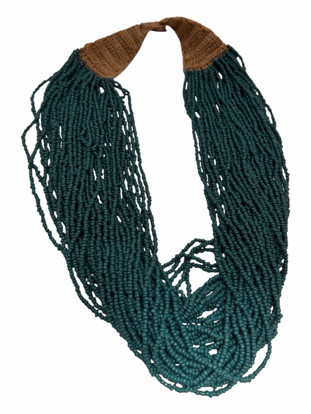 Vintage Konyak Naga Teal Seed Bead Necklace Crochet-Button Closure